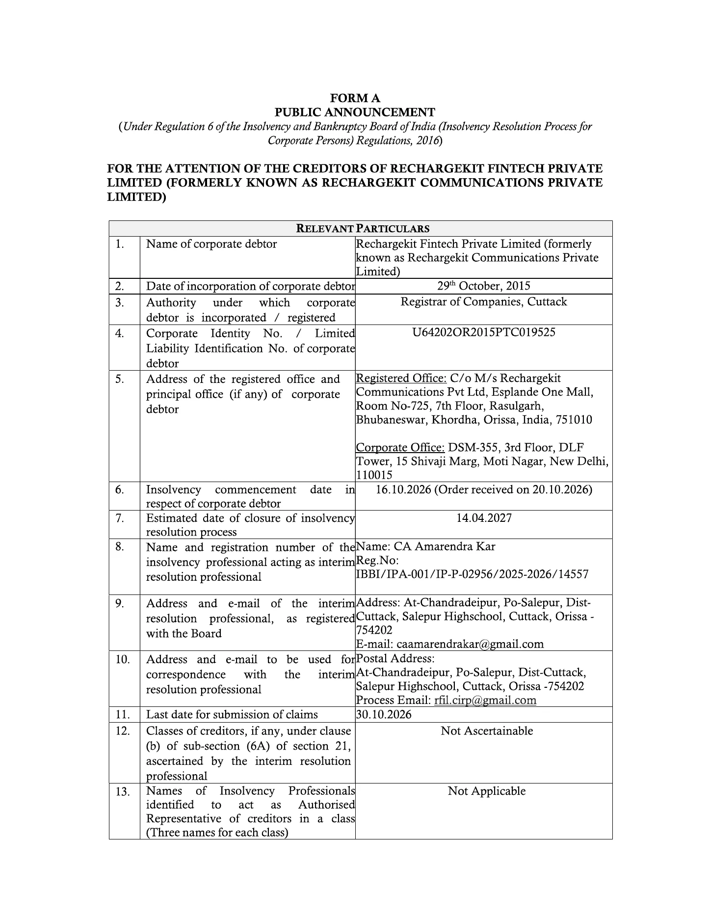 Public Announcement - Form A - Page 1
